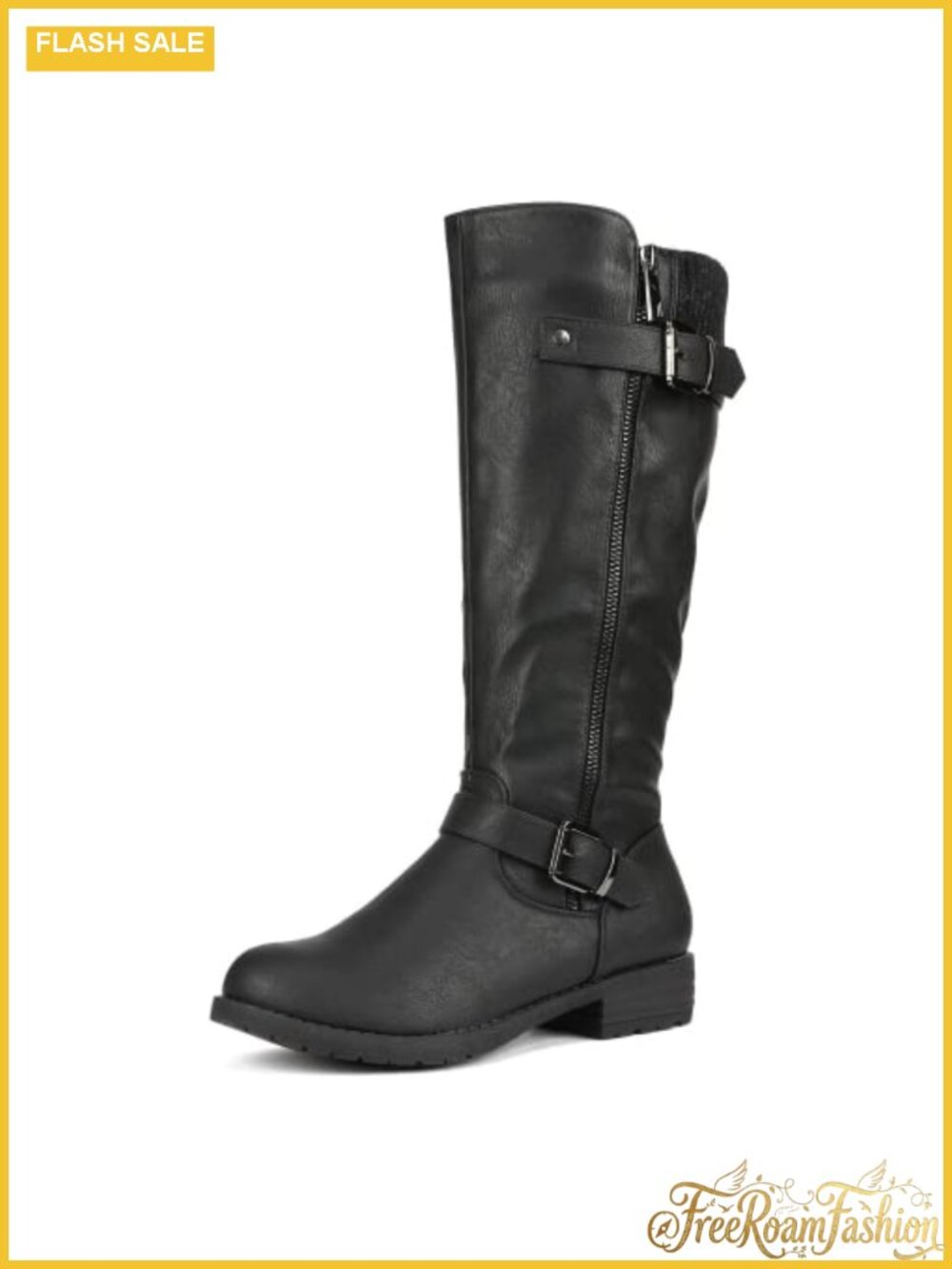 Womens Knee High Riding Boots Faux Leather Side Zipper Buckle